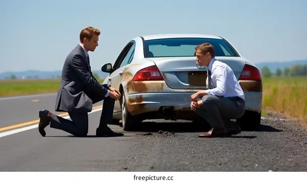 Two businessmen looking at a broken down car on the side of the road