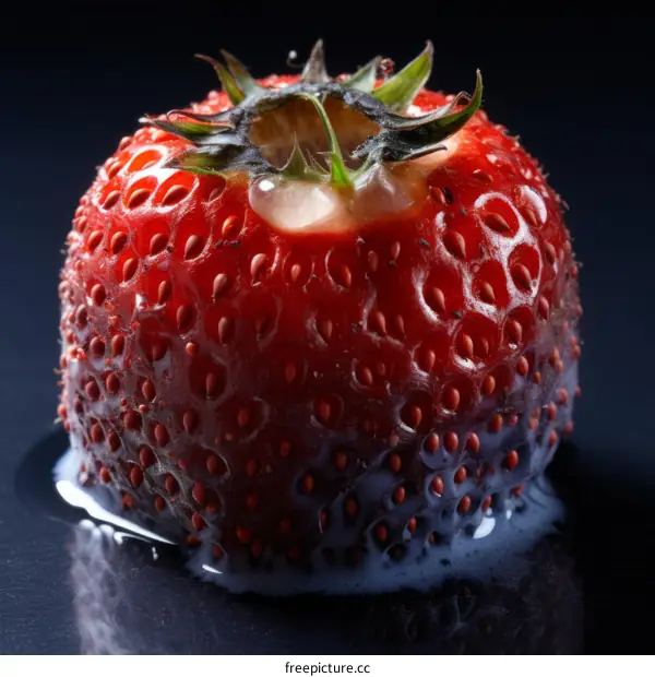 A strawberry covered in milk