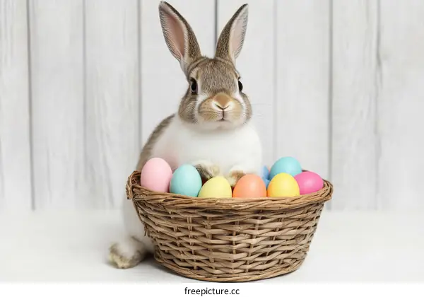 Easter Bunny with Colorful Eggs in Basket