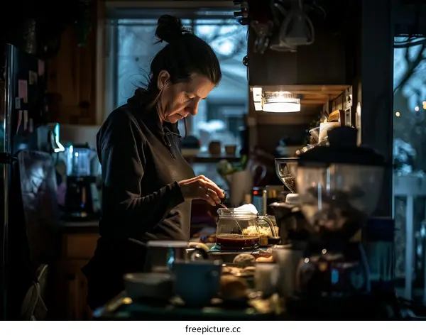 A woman is making coffee in a kitchen.