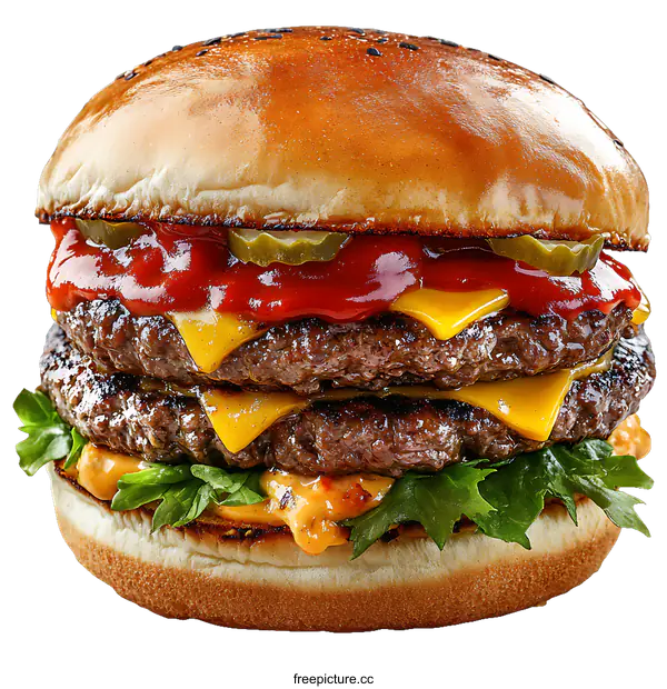 [Transparent Background PNG]Delicious Double Cheeseburger with Toppings