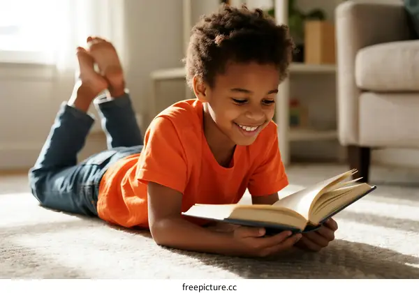 A Young Boy Lying on Floor Enjoying Reading a Book