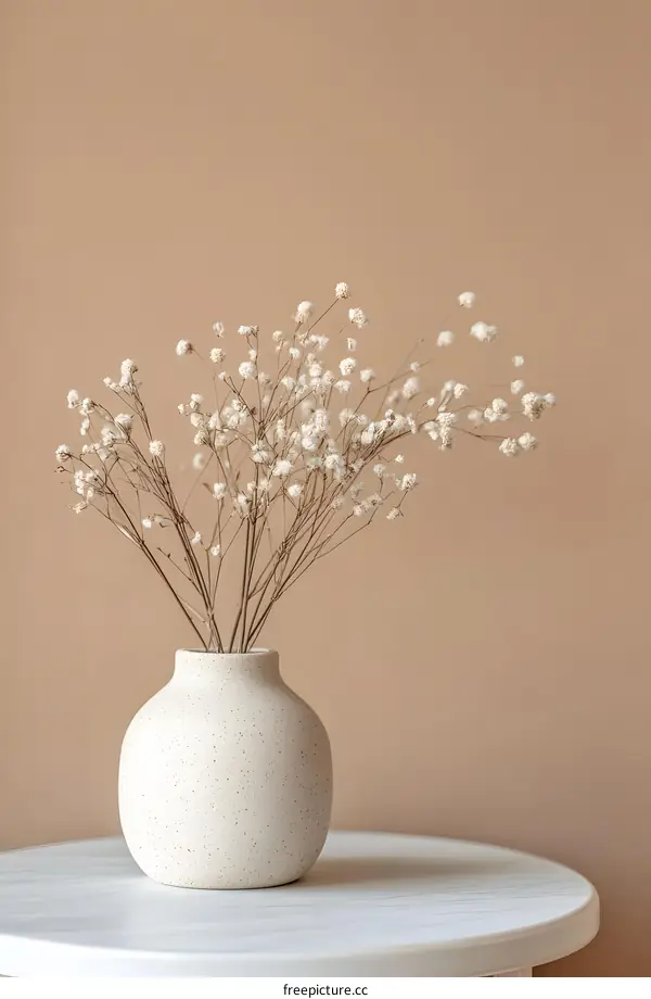 Dried Flowers in White Vase on Table with Beige Background