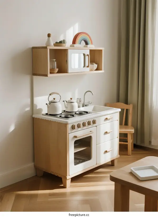 Wooden Play Kitchen with White Countertop and Shelves