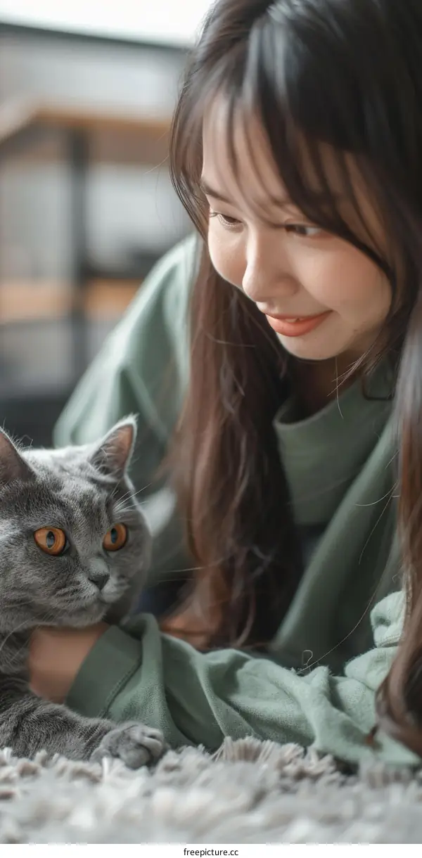 A young woman is petting a gray cat.