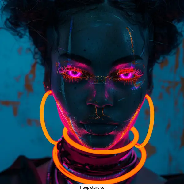 Glowing Neon Portrait of a Woman with Curly Hair
