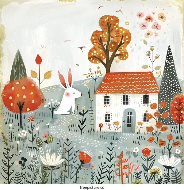 Cute White Rabbit Sitting in Front of a House in a Garden Illustration