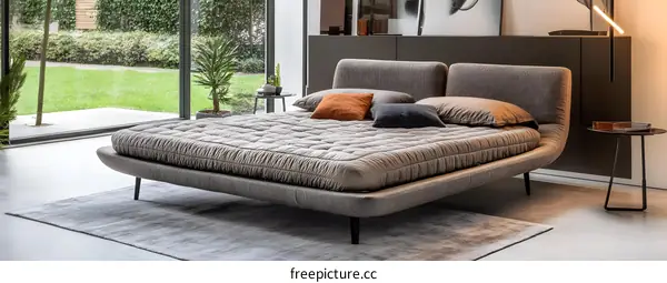 Modern Upholstered Bed with Black Metal Legs in Bedroom Interior Design
