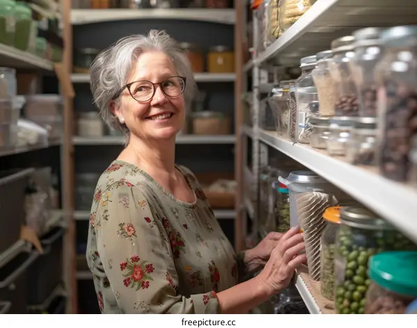 A woman is looking at the shelves in a pantry.