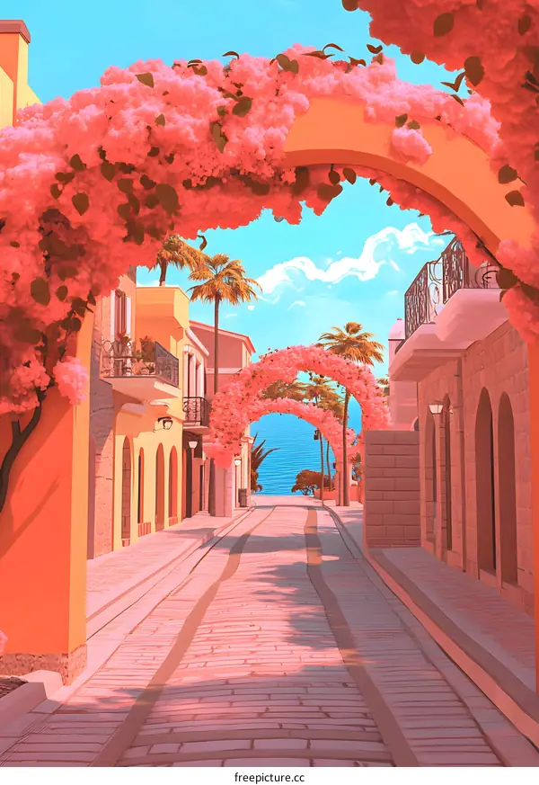 Pink Flower Archway Leading to a Cityscape