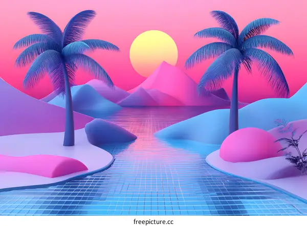 Tropical Sunset Scene with Palm Trees and Blue Water