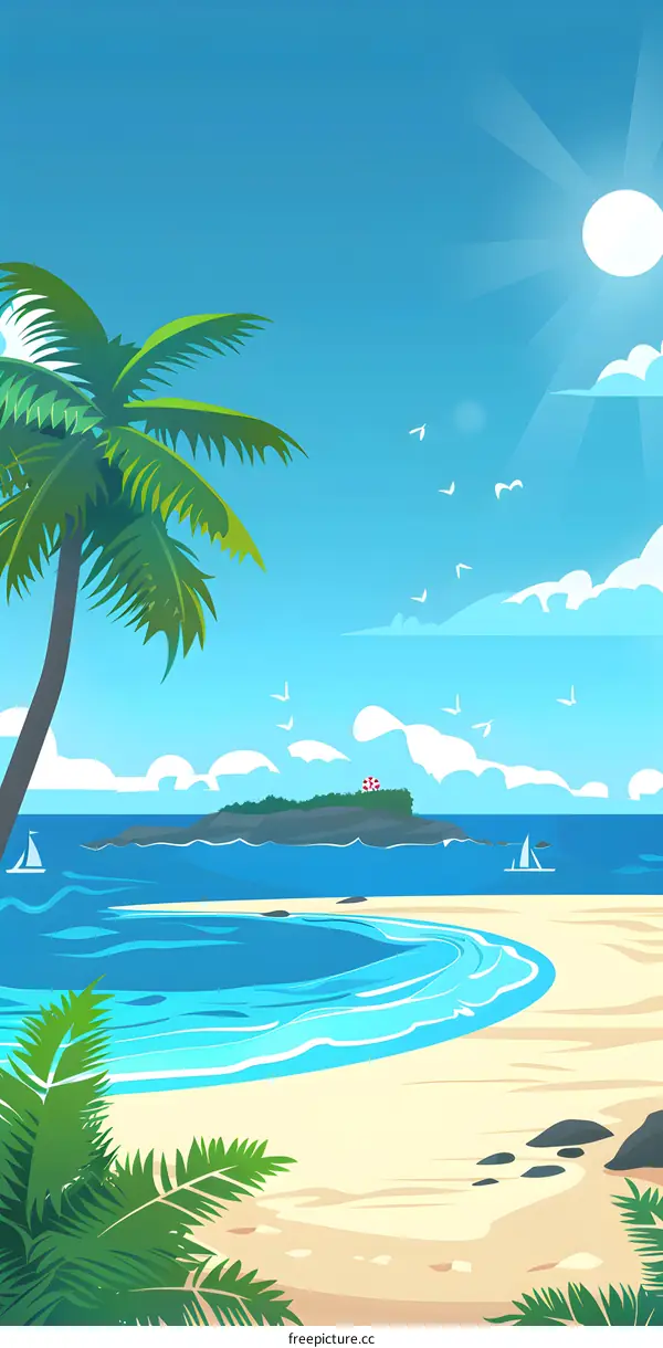 Tropical Beach Illustration With Palm Trees And Blue Sky