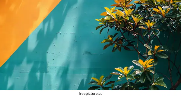 Yellow Green Leaves on Blue Wall
