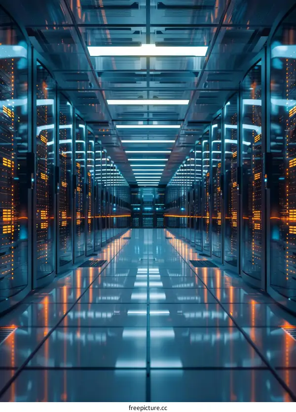 Futuristic server room with supercomputers