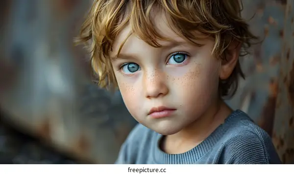 Portrait of a boy with freckles and blue eyes