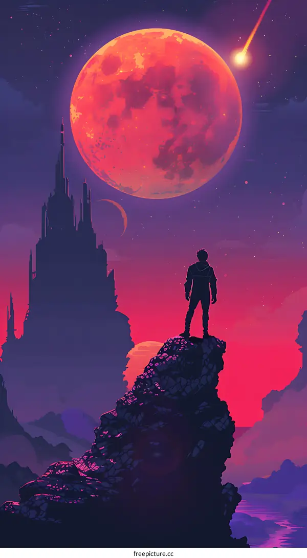 Silhouette of a Man Standing on a Cliff Against a Red Moon and a City in the Distance