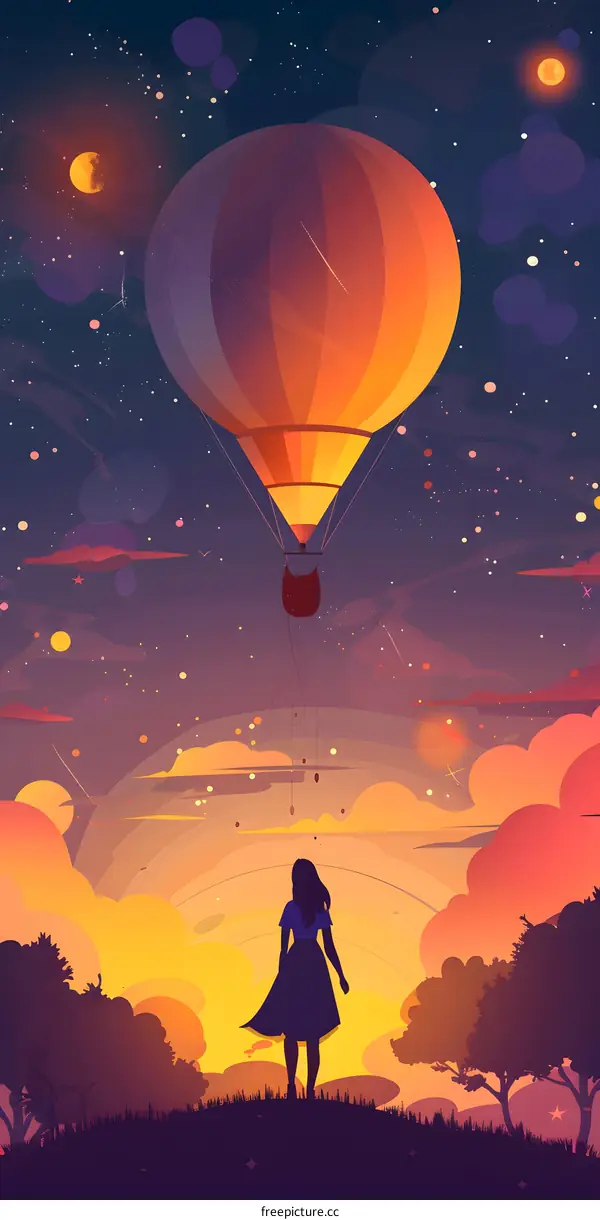 Silhouette of Woman Watching a Hot Air Balloon at Sunset