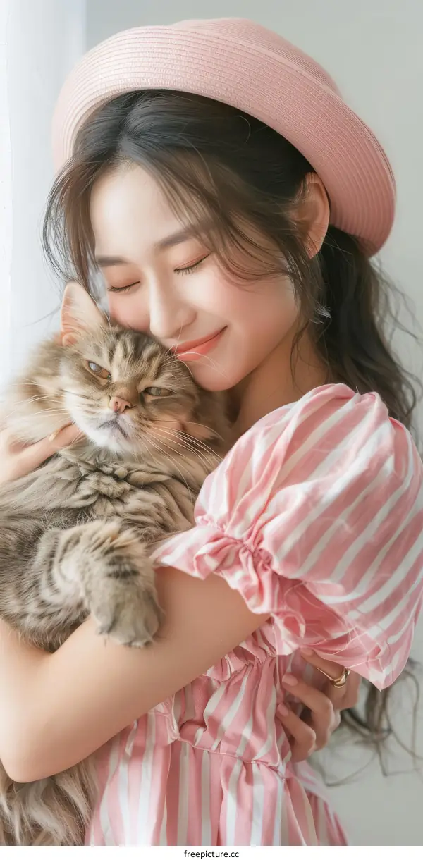 A young woman is hugging a cat
