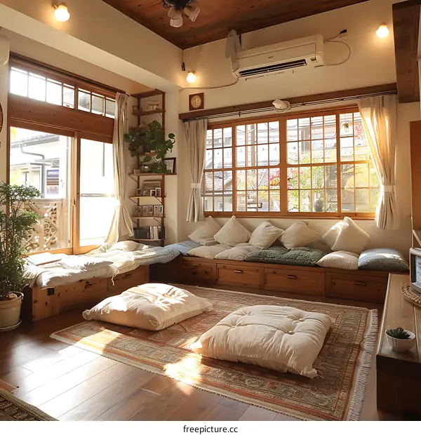 Cozy Japanese style living room with wooden floor and furniture