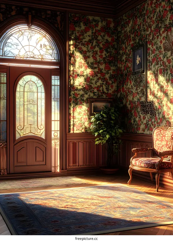 Vintage Interior Design with Floral Wallpaper and Sunbeams