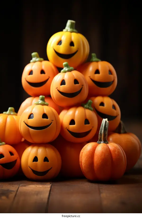A stack of Halloween pumpkins