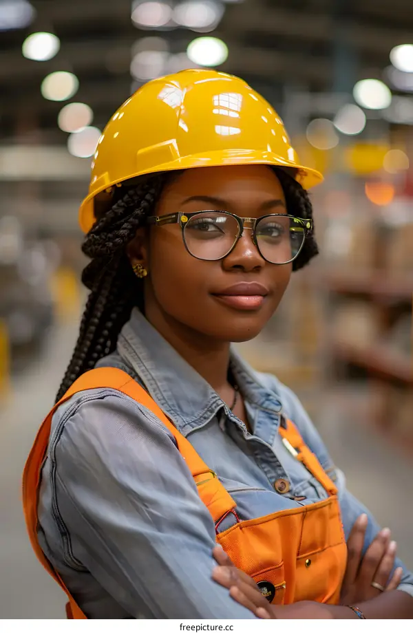 Portrait of a young African American woman wearing a hard hat and safety glasses in a warehouse.