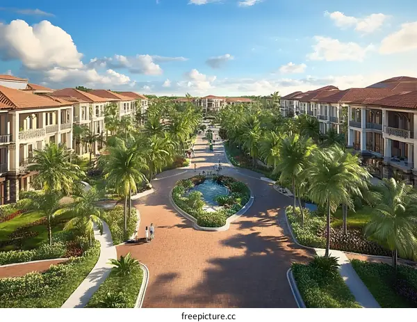 Tropical Resort Style Architecture  with Walkway and Palm Trees