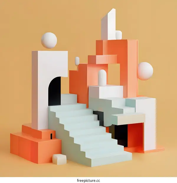 Abstract 3D Geometric Shapes With Orange White and Green Colors