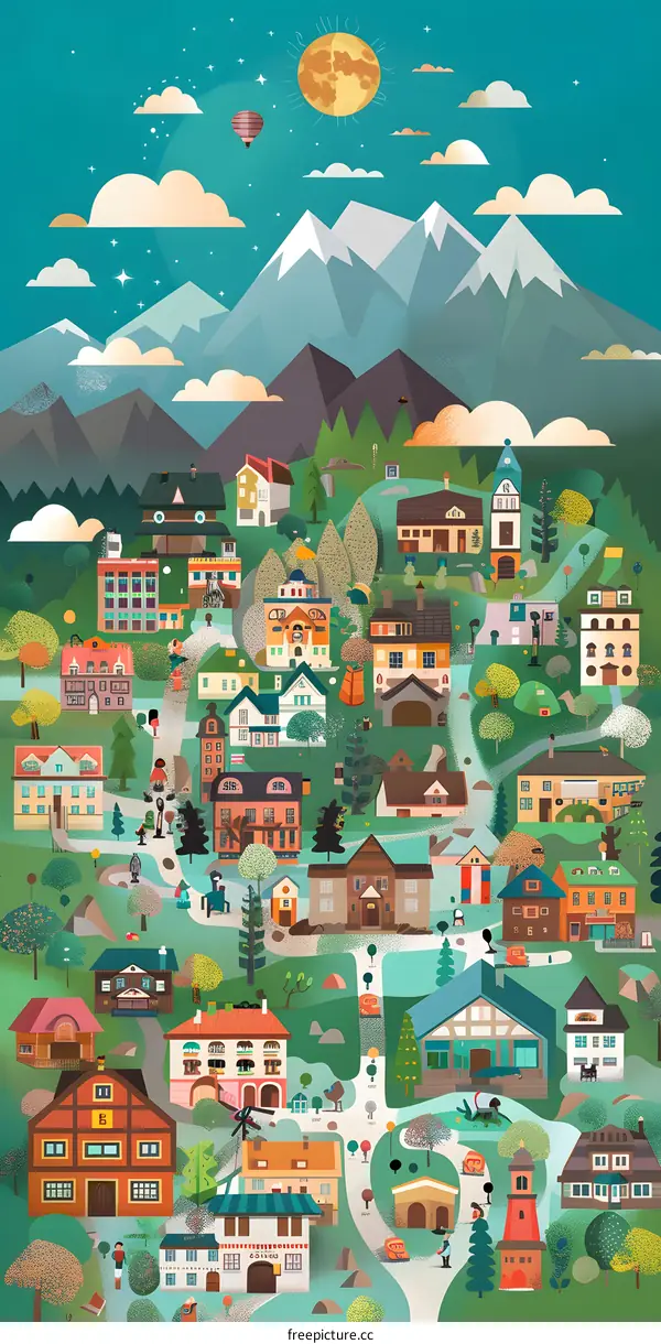 Colorful Illustration of a European Village in the Mountains