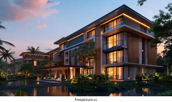 Luxury Tropical Resort Buildings at Dusk