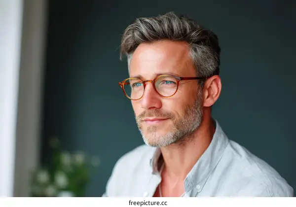 Portrait of middle-aged man with stylish gray hair and glasses