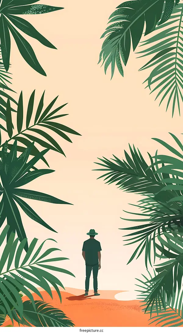 Man Standing in Tropical Leaves Illustration