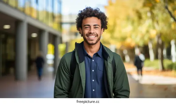 Smiling young male college student with curly hair wearing a blue shirt and green jacket standing outside on campus