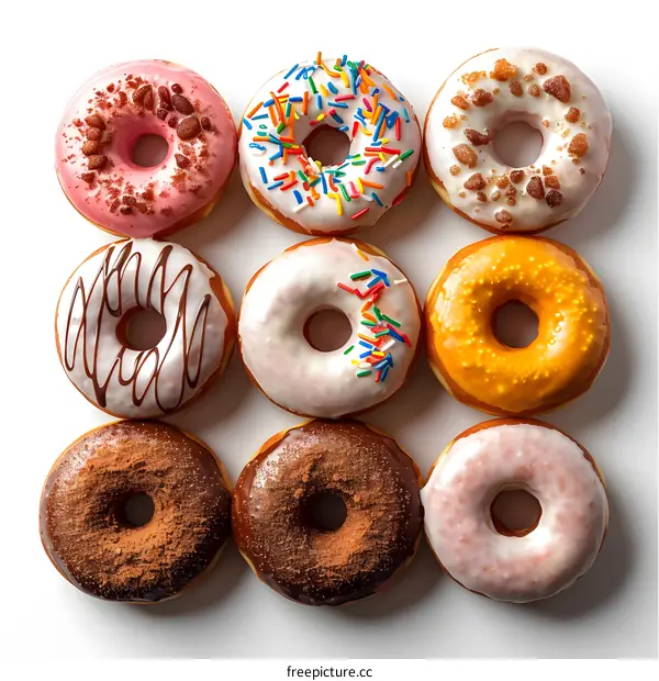 Nine donuts of different flavors arranged in a square