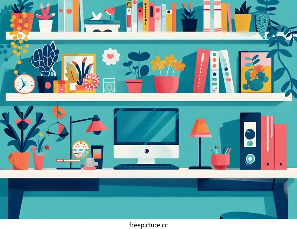 Modern Home Office Illustration with Desk, Shelves, and Plants