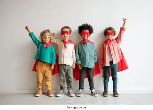 Four Children Dressed as Superhero Kids Posing