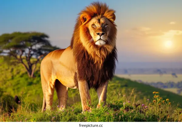 A majestic lion standing on a hilltop overlooking the savanna