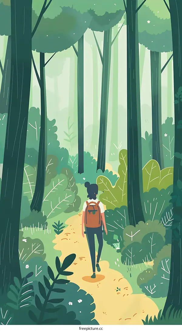 Woman Hiking Through A Forest Trail