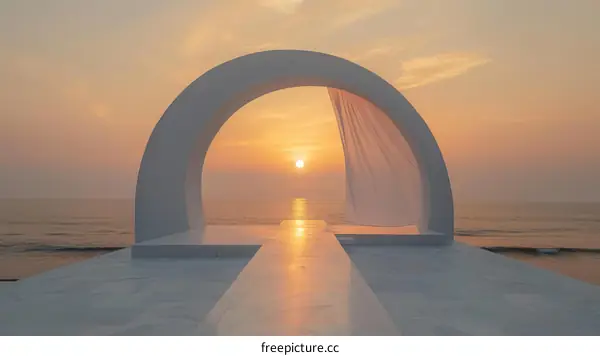 Sunset over the ocean with a white archway in the foreground