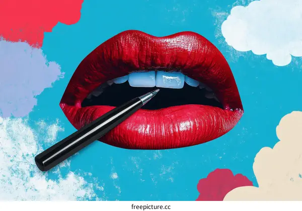 Abstract Lips with Paint Splatter and Clouds