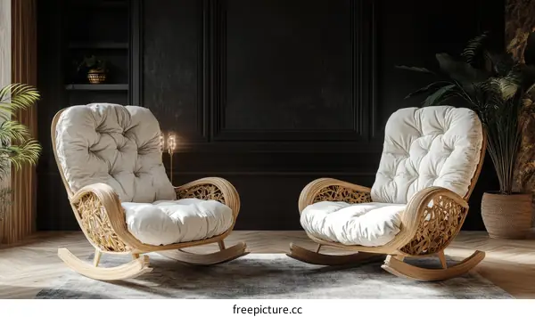 Modern Wooden Rattan Rocking Chair in Dark Room
