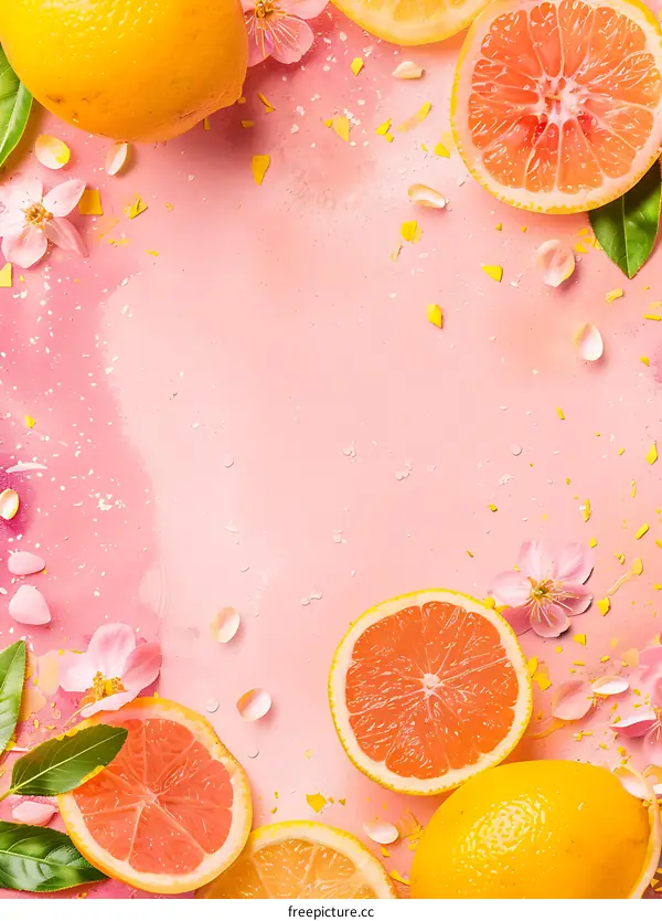 Fresh Citrus Fruits With Flowers On Pink Background