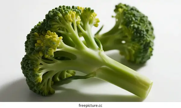 Fresh green broccoli with yellow florets close-up view
