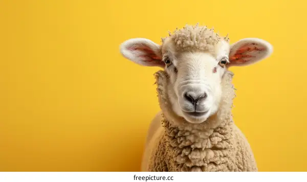 Close-up portrait of a sheep against a yellow background