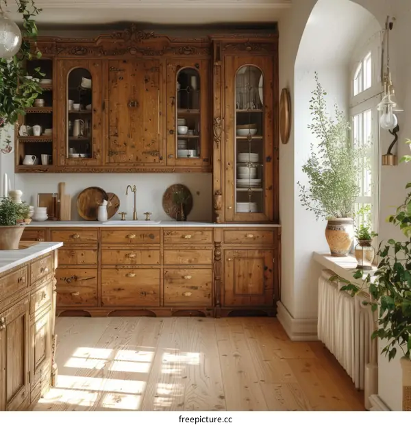 A wooden kitchen with a large window and a wooden cabinet