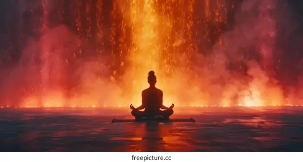 Woman practicing yoga in front of a lava flow