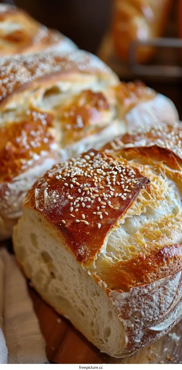 Freshly Baked Sesame Seed Bread on Wooden Cutting Board