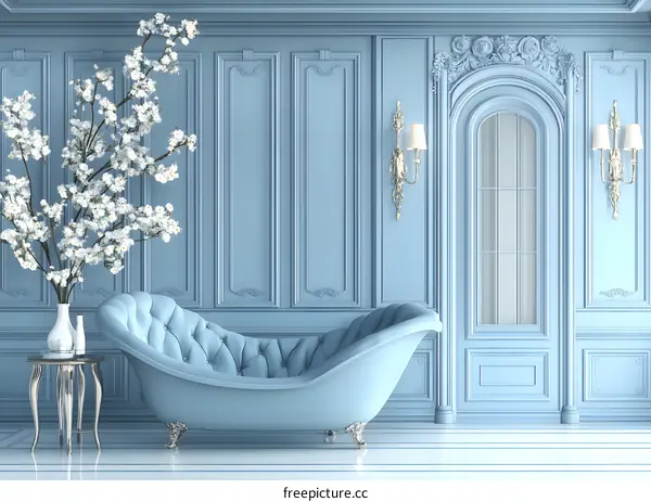 Blue Bathtub Interior Design With Flowers