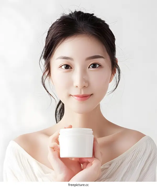 Young Asian Woman Holding a White Cream Jar