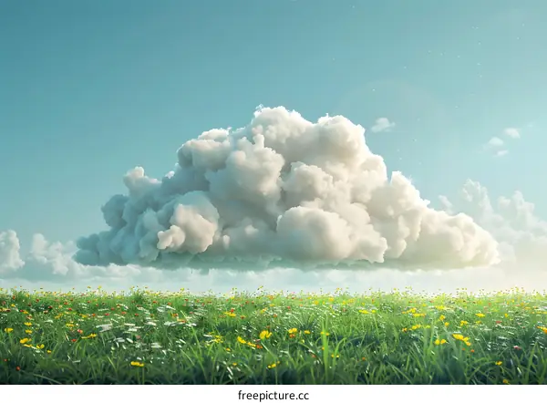 Fluffy clouds over a lush green field of flowers
